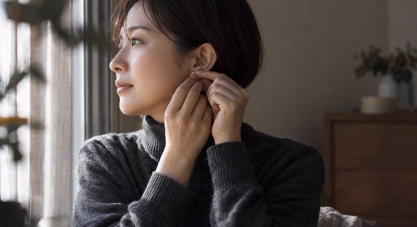 窓辺でチャコールのタートルネックを着た女性が、横顔のまま耳たぶの小さな金色のピアスの留め具を指で押さえている