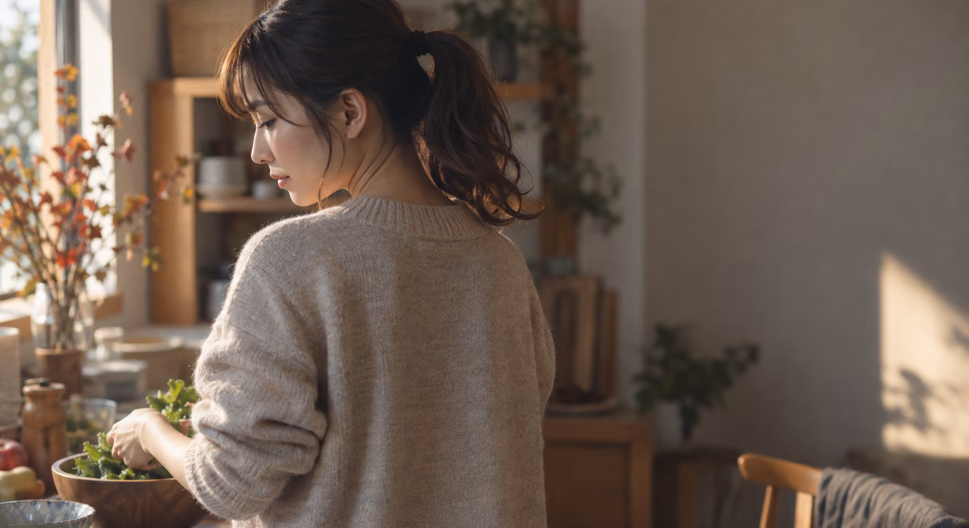 毛先をゆるく巻いたポニーテールの女性の斜め後ろ姿。巻いた毛先がベージュのニットの襟より上で止まっている