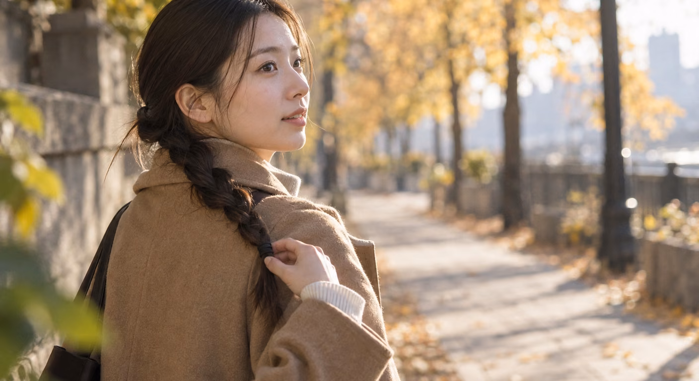 黄葉した並木道で、キャメルのコートを着た女性が、低い位置で結んで三つ編みにした髪を肩の前に流し、毛先に手を添えている