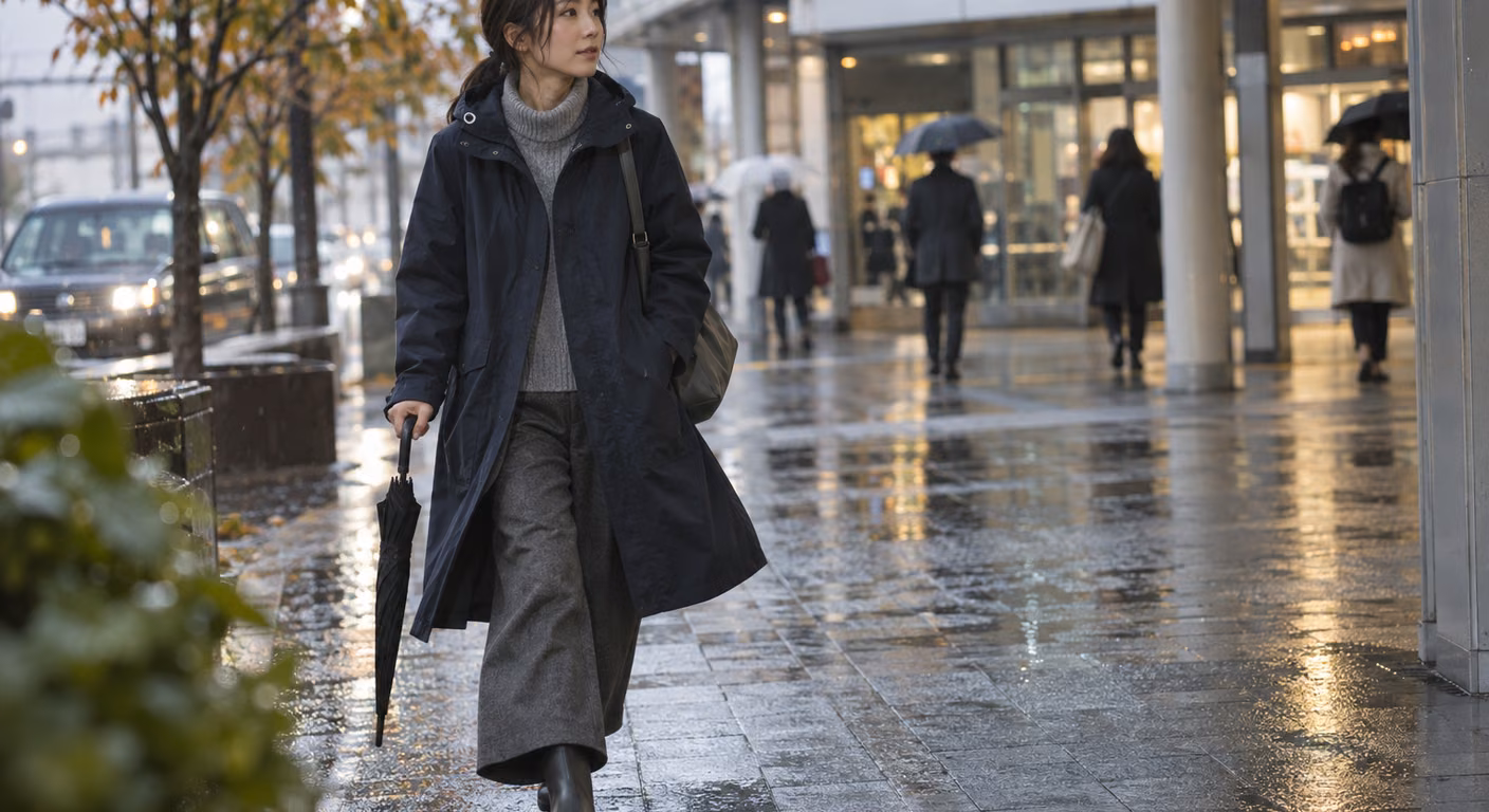 雨に濡れた駅前の歩道で、ワイドパンツの裾を黒いレインブーツに被せて歩く紺のコートの女性