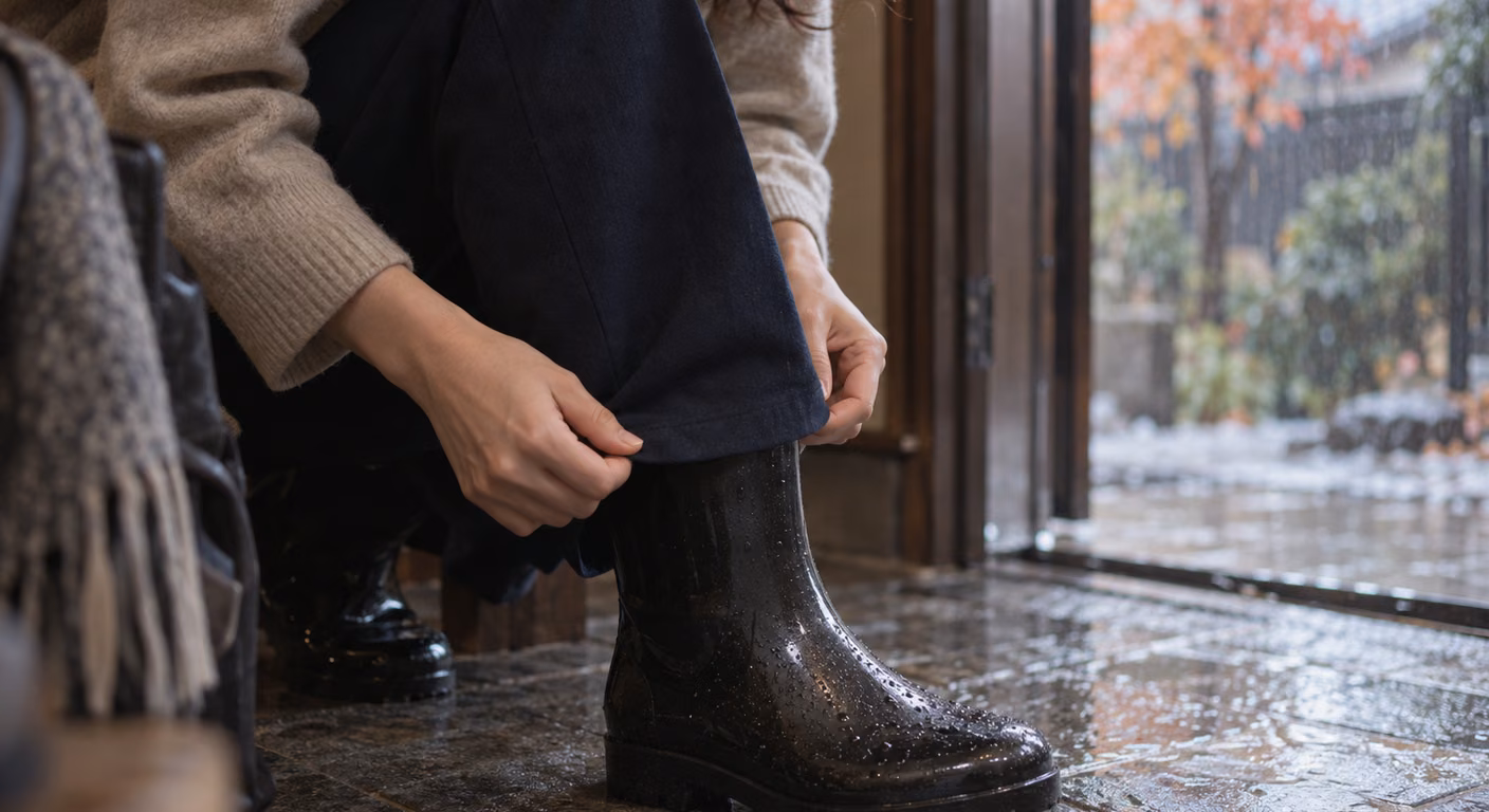 雨の朝の玄関で、紺のパンツの裾を黒いレインブーツの筒の口にかぶせて整えている手元