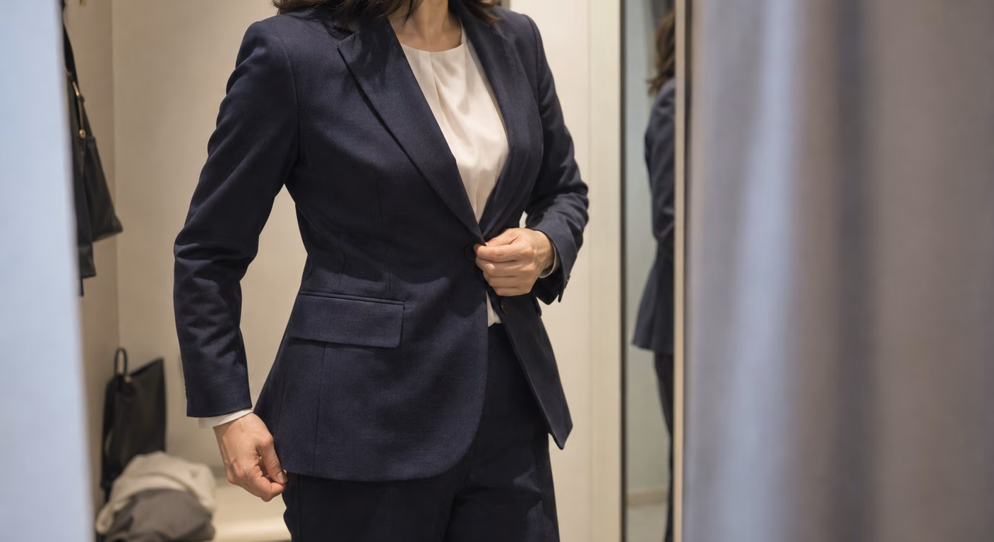 試着室の鏡の前で、濃紺のテーラードジャケットの前ボタンを留めて丈の位置を確かめている女性の胴まわり