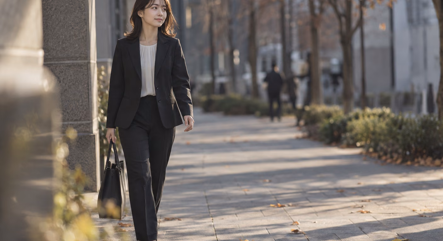曇りの日のオフィス街を、黒に近いパンツスーツに白いブラウスを着た若い女性が、黒い書類バッグを持って歩いている