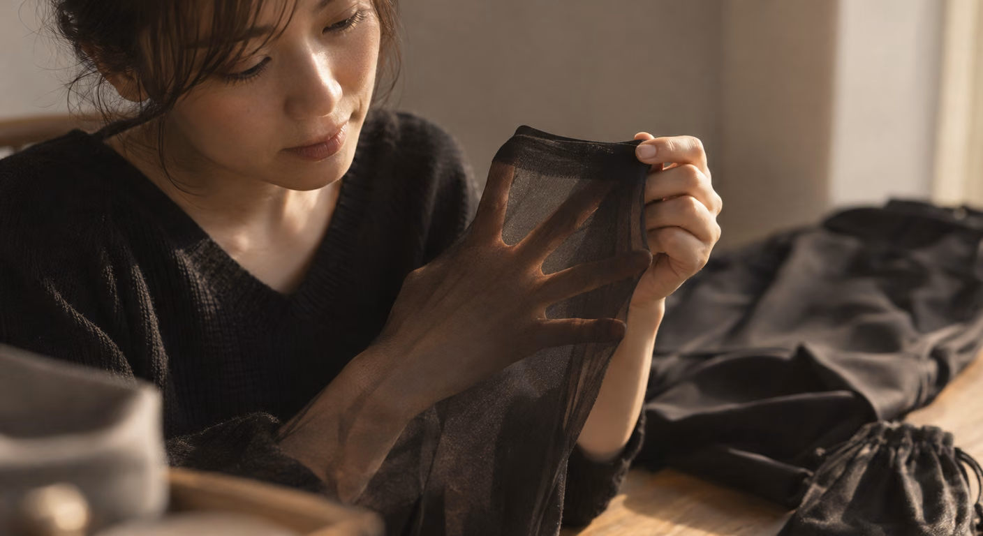 薄手の黒ストッキングに片手を入れて指を開き、指の間から肌の色が透けている。奥のテーブルに黒い礼服と黒い巾着袋