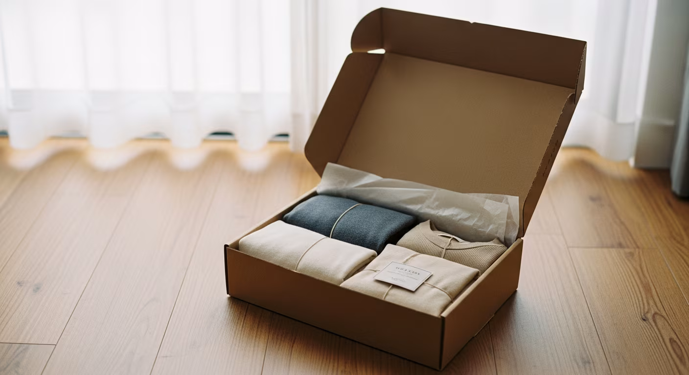 コンパクトに整ったクローゼットと、月一で届く新しい服のボックス