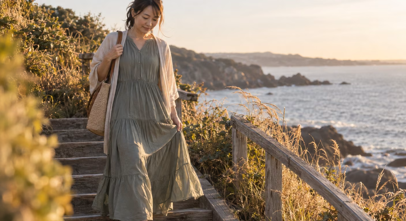 秋の夕方の海辺の木の階段を、くすんだ緑のロング丈のワンピースに薄手の羽織りを重ね、片手で裾を少し持ち上げながら下りる女性