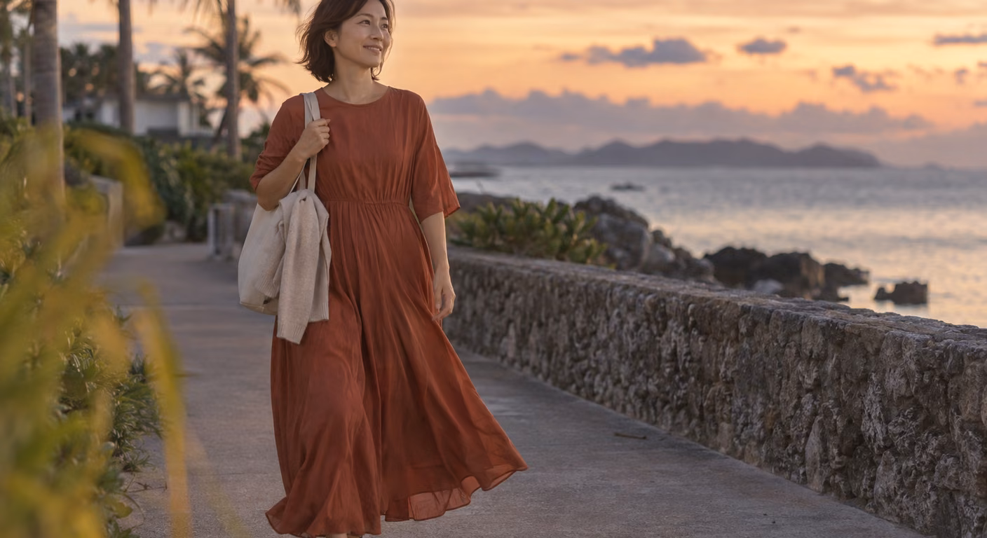 晩秋の南の島の海沿いの遊歩道を、夕暮れどきに、肘まで袖のあるテラコッタ色のロング丈リゾートワンピースで歩く女性。肩に布のトートバッグをかけている