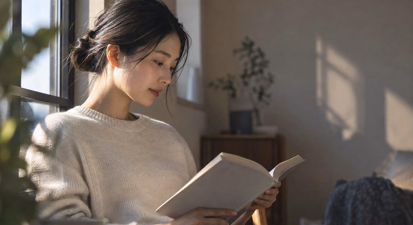 窓辺の光の中で、やわらかな色のニットを着た女性が横を向き、手元の本に目を落としている
