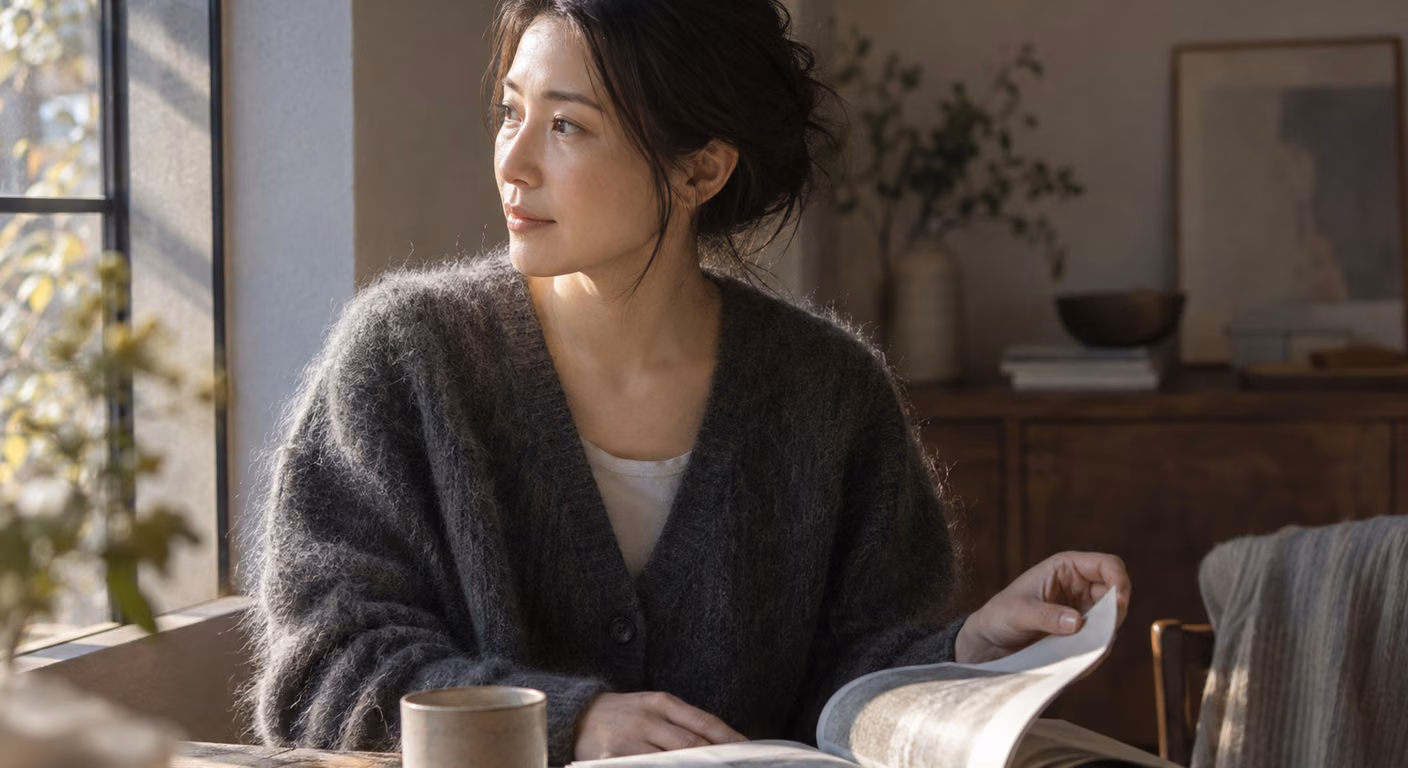 凛々しい顔 もこもこニット|眉目が強いか輪郭が強いかで毛足を分ける