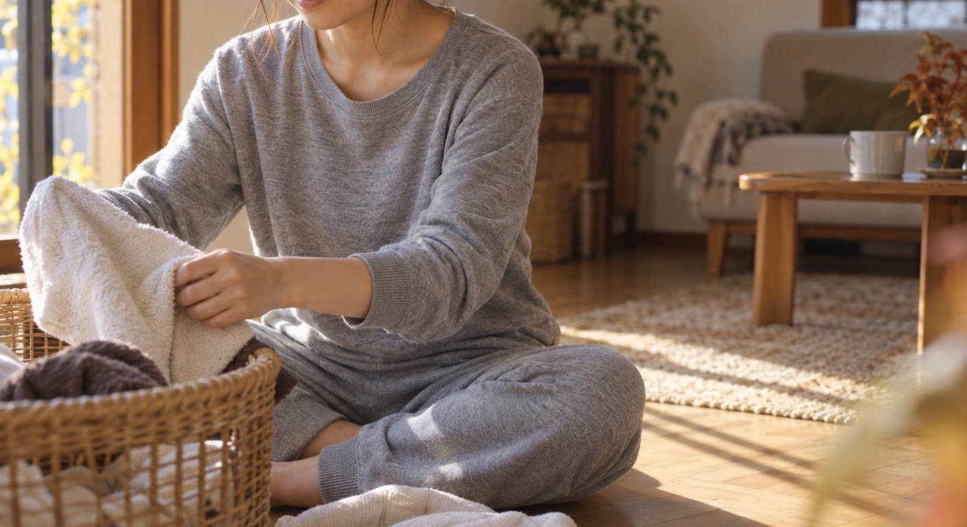 グレーの上下のルームウェアを着て木の床にあぐらで座り、かごからタオルを取り出してたたむ女性。袖口と裾のリブが手首と足首で止まっている秋の朝のリビング