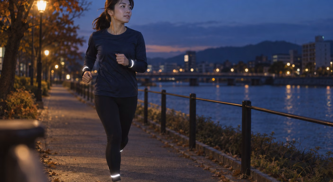 夕暮れの川沿いの道を走る女性の、両足首と両手首に巻いた反射の帯が白く光っている