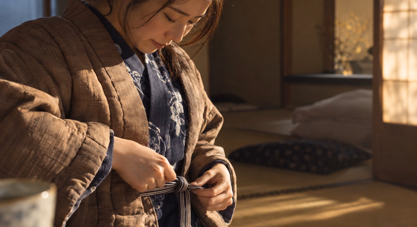 温泉宿の畳の部屋で、紺地に白い花柄の浴衣の上に茶色の綿入れの丹前を重ねた女性が、体の前で細い縞の帯を結んでいる