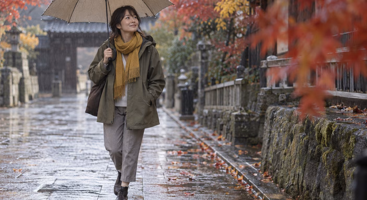 雨の秋の石畳の参道で、フード付きの短い撥水コートとからし色のストール、くるぶし上丈のパンツに短いブーツの女性が傘を差して歩いている