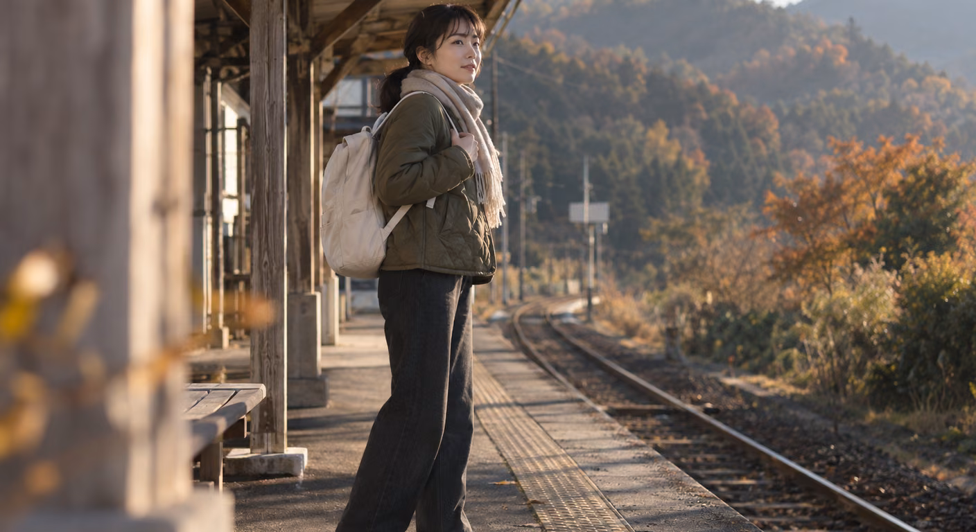 紅葉の山に囲まれた地方の駅のホームで、腰丈のオリーブ色のキルティングの上着に生成りのリュックを背負い、首にベージュの布を巻いた女性が、肩ひもに手を添えて電車を待っている