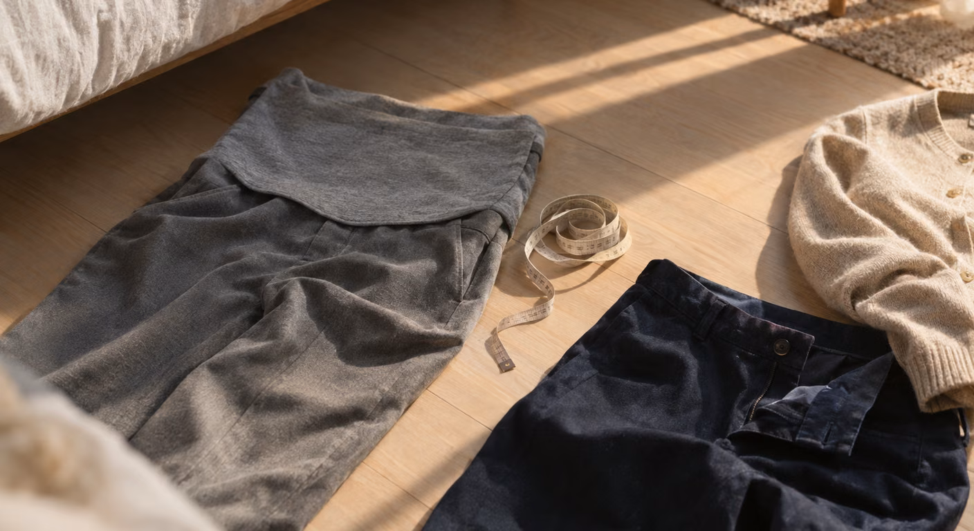 木の床に並べた、お腹の部分の布が広いグレーのマタニティパンツと、ボタンを開けたままの紺のパンツ、そのあいだに置いた布のメジャーと生成りのカーディガン