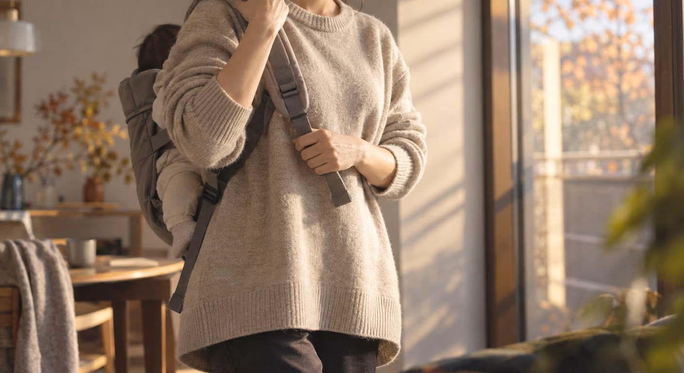 産後の女性が自宅の窓辺で、腰骨の下まで届く生成り色のニットとまっすぐな濃い色のパンツを着て、抱っこひもの肩紐を持ち上げている