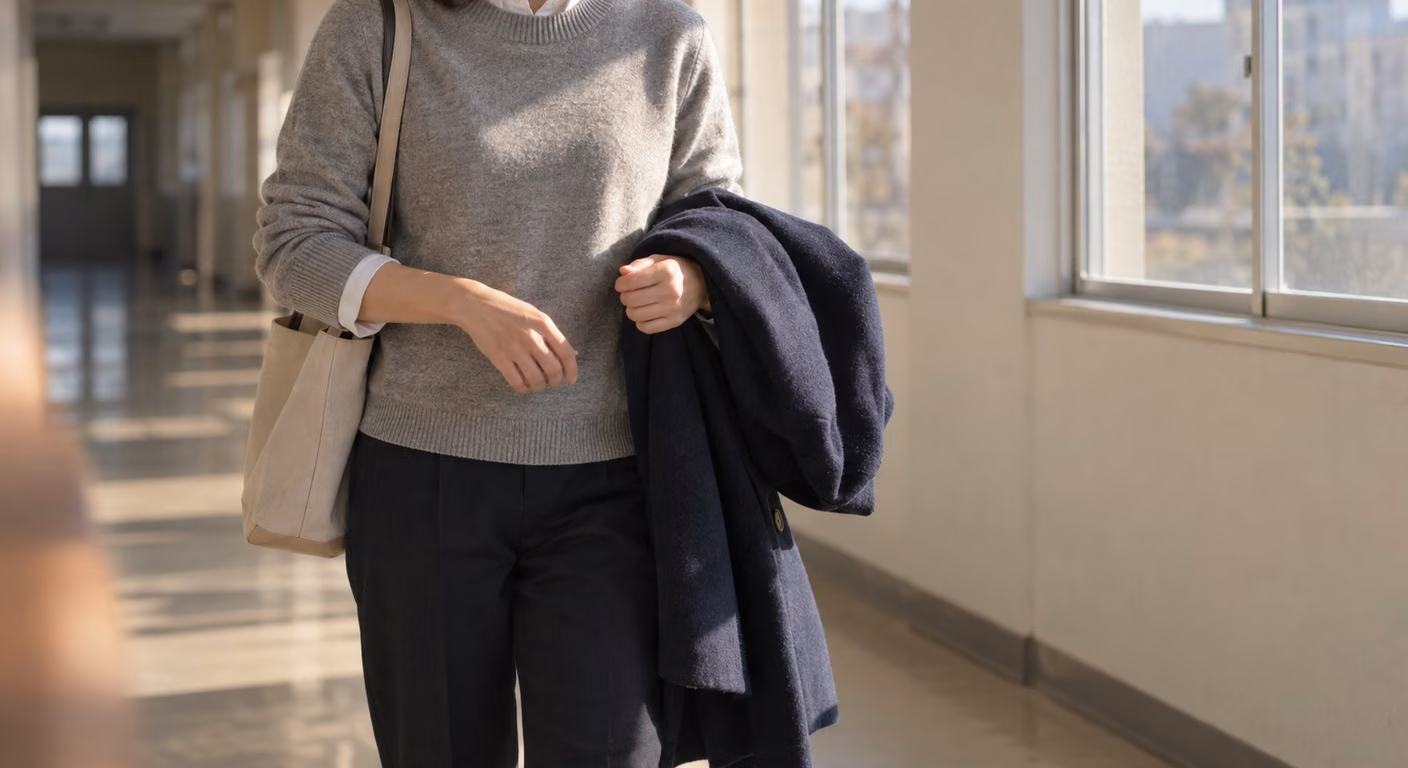 冬の明るい学校の廊下で、脱いだ紺のコートを腕に掛けた、グレーのニットに白いシャツの襟を重ねた女性