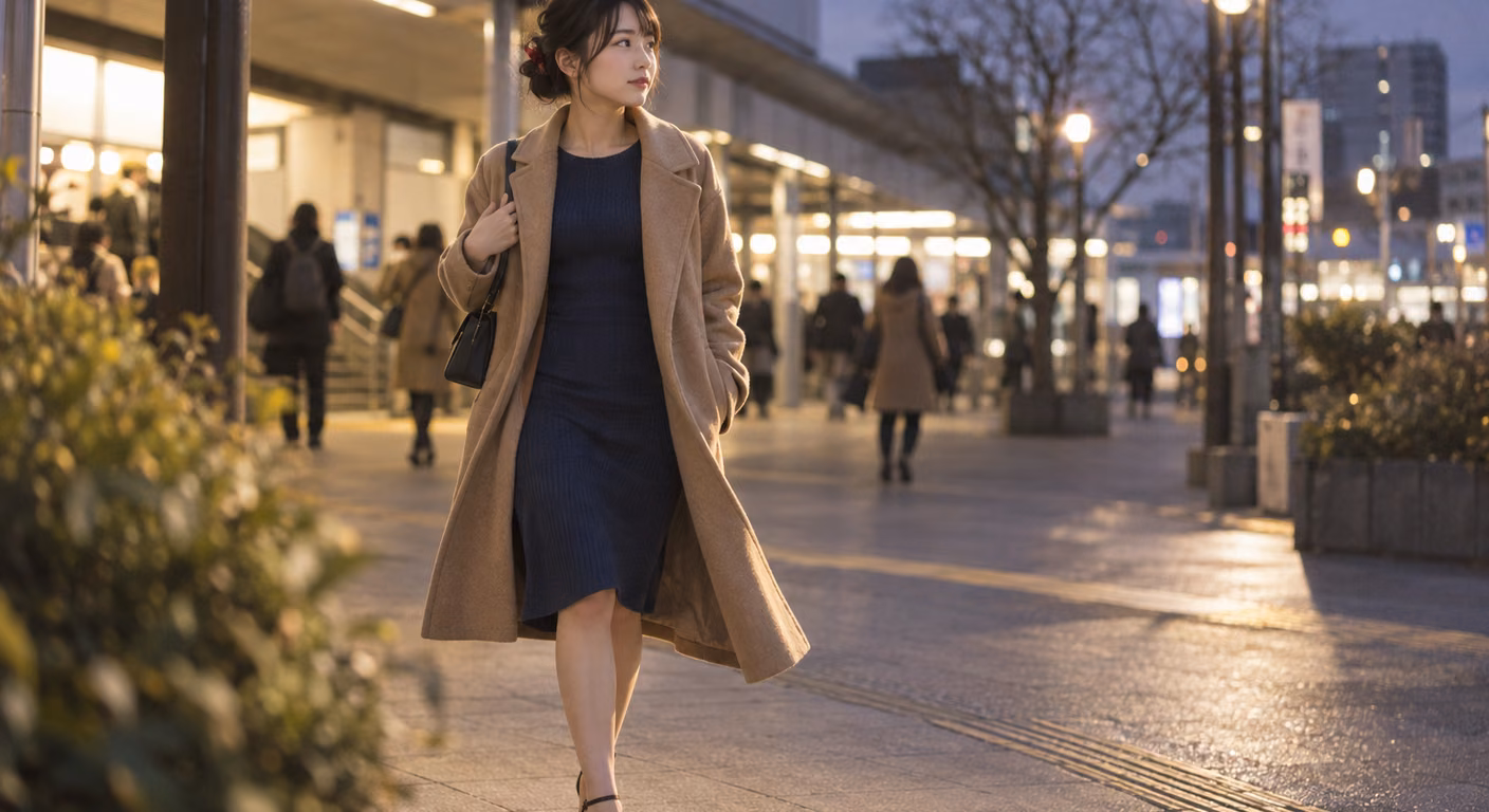 冬の夕方の駅前を歩く若い女性。紺のニットワンピースに長いウールのコートを羽織り、髪はまとめ髪のまま