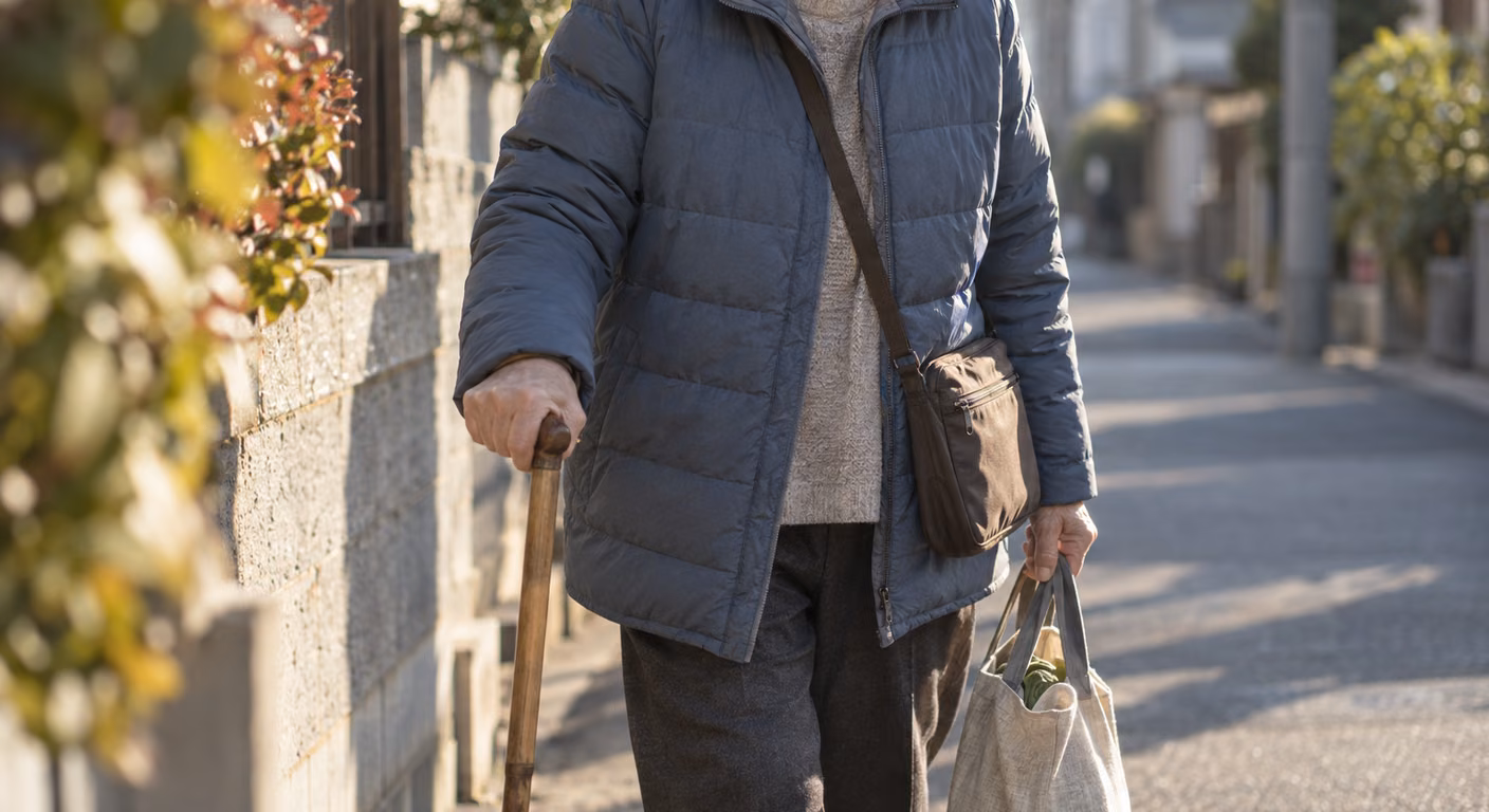 住宅街の歩道で、お尻の下で止まる青みの短い上着を着て、片手に杖、もう片手に布の買い物袋を持って歩く人の首から膝まで