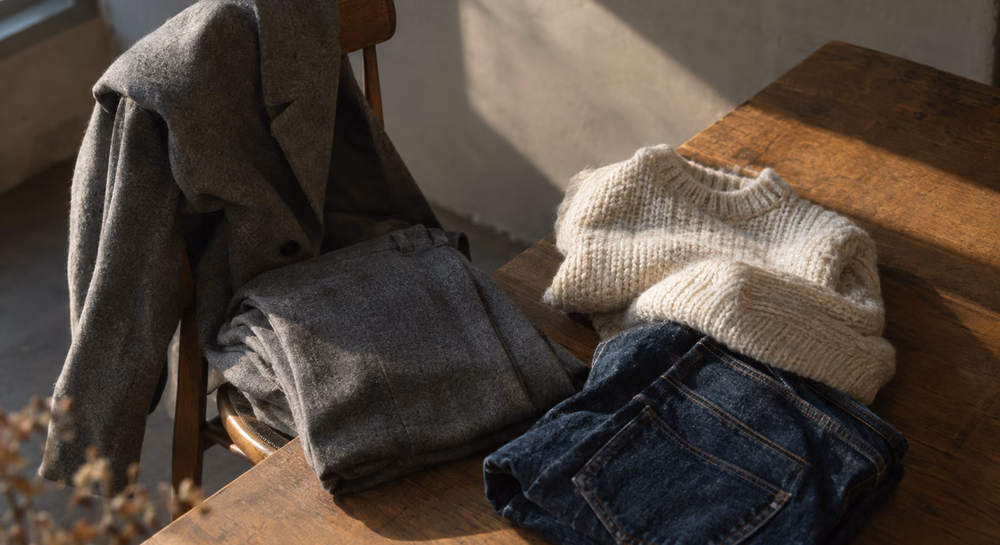 木の椅子の背に掛けたグレーの起毛ウールのジャケットと、座面にたたんだ同じ生地のパンツ。机の上に生成りの厚手ニットと濃紺のジーンズ
