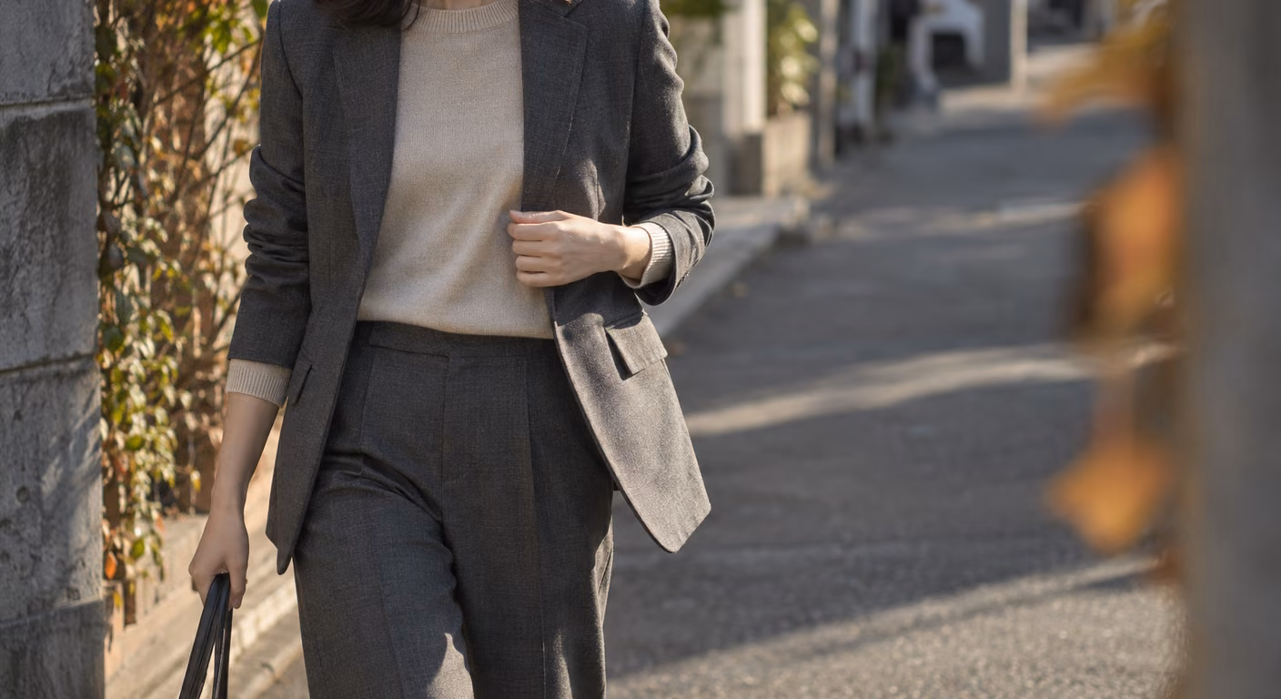 張りのある濃い灰色のセットアップの上着を前を開けて着て、中に柔らかい生成りの丸首ニットを合わせた女性の、鎖骨から膝までを秋の住宅街の道で写した様子