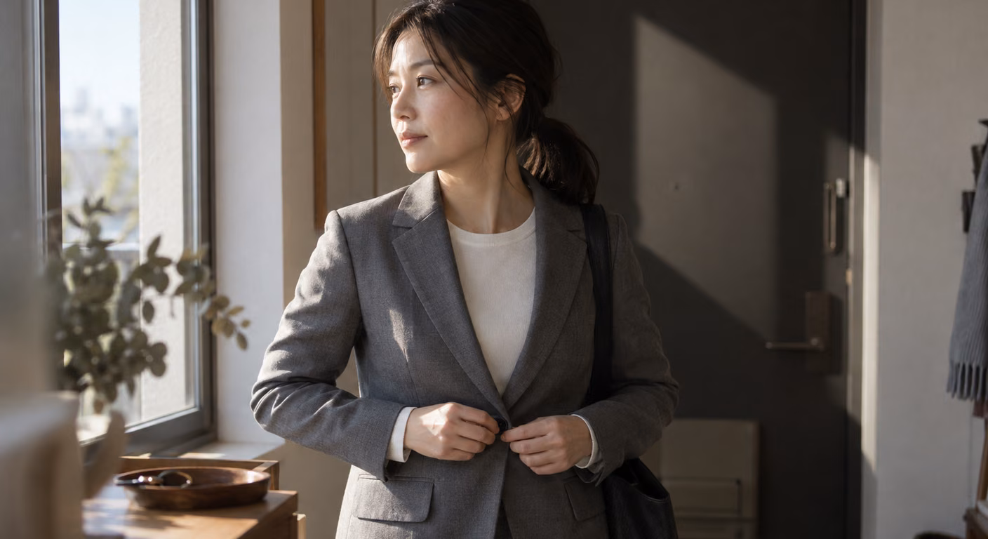 玄関の窓辺で、グレーのセットアップのジャケットのボタンを留める女性。襟の開きの内側に白いクルーネックの薄手ニットがのぞいている