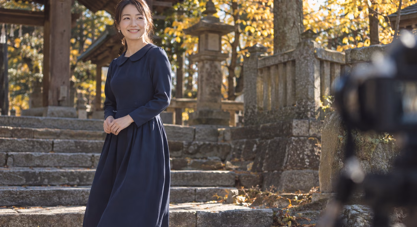手前に三脚のカメラがぼやけて写り、その先で紺のワンピースを着た女性が秋の神社の石段に立って記念写真を待っている