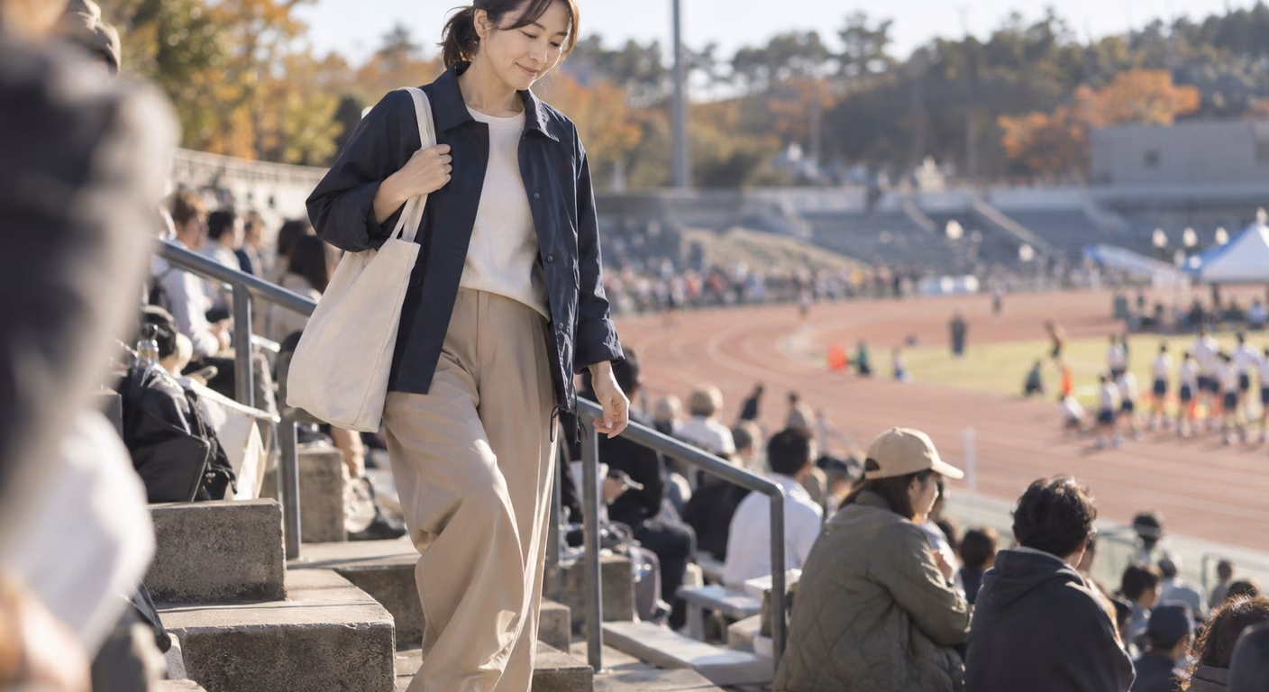 秋の朝の競技場のスタンドで、紺の襟付きの羽織りにベージュのパンツとグレーの運動靴の女性が段を下りている