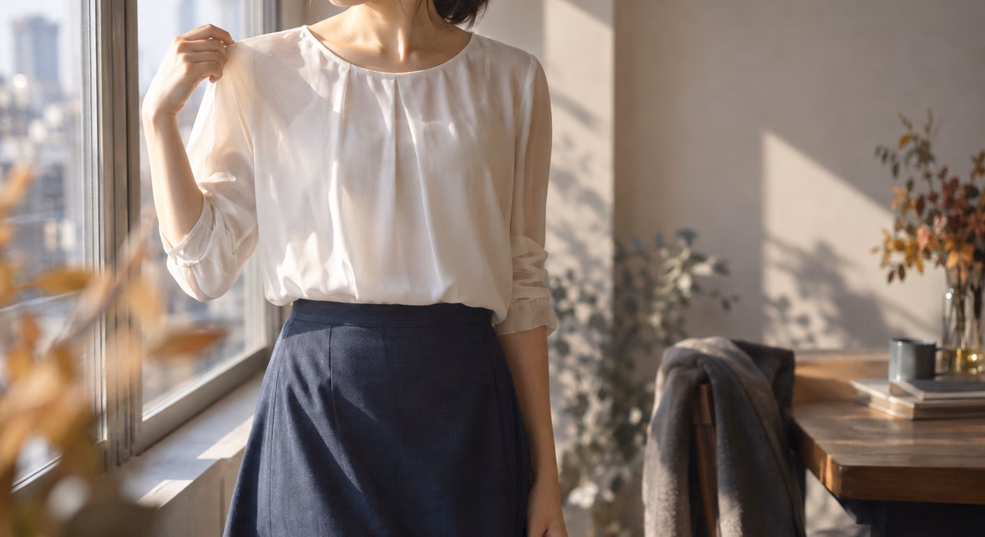 窓辺で、とろみのある白いブラウスの肩を指でつまみ、光の透け具合を確かめている女性の首元から腰