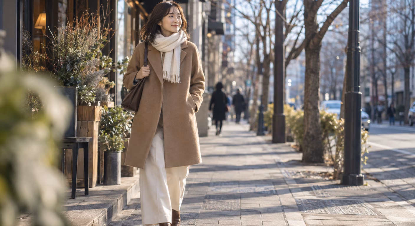 白パンツコーデ冬｜コートの色と丈で、合わせ方は3通りに分かれる