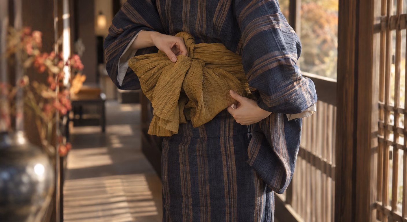 旅館の廊下で、紺と茶の縞の木綿の着物の前にからし色のしわ兵児帯を結び、結び目のしわを両手で整えている