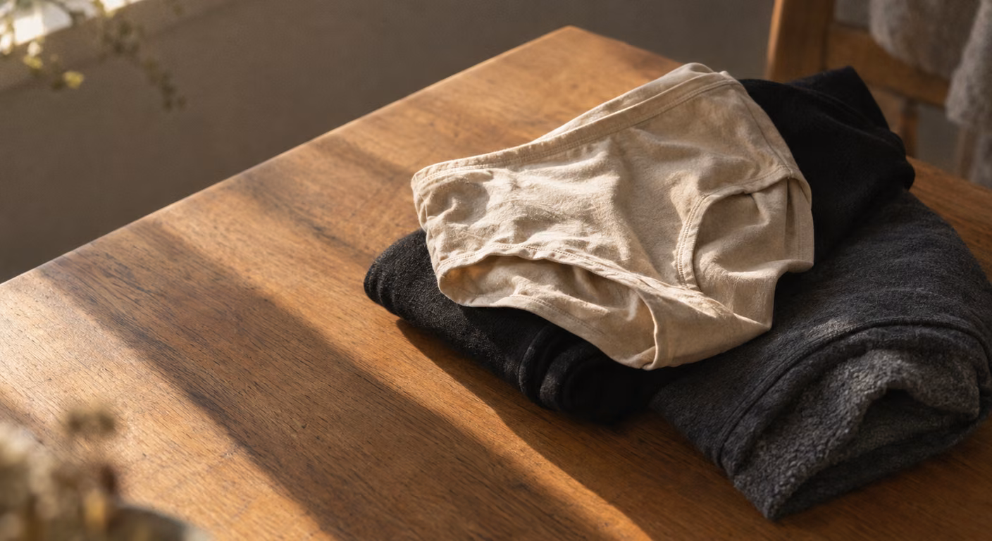 木の机の端に、たたんだベージュの綿のショーツが、厚手の黒いタイツと裏起毛のレギンスの上に重なって置かれている