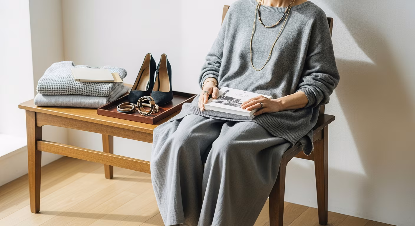 骨格ナチュラルの50代女性コーデ、リネン、ローゲージニット、ロング丈、オーの品格スタイリング