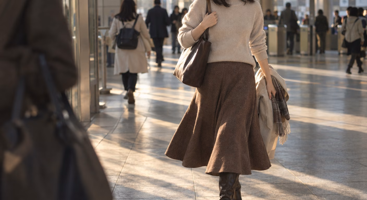 駅の通路を歩く女性の、ふくらはぎ丈の茶色いウールのフレアスカートの裾が揺れて、黒いロングブーツの履き口を覆っている様子