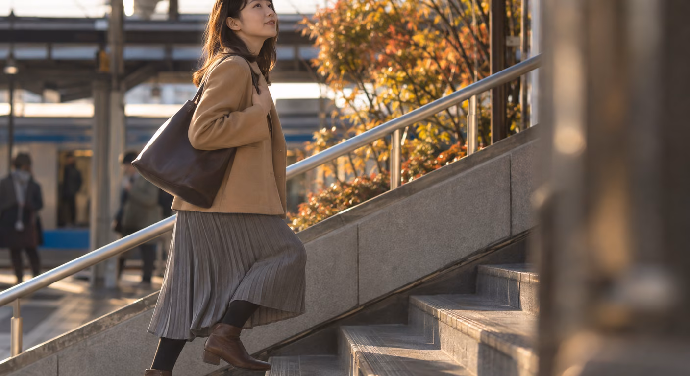 秋の駅の階段を上る女性。キャメルの短いコートに、ふくらはぎの中ほどまでのグレーのプリーツスカート、黒のタイツと茶色のショートブーツを合わせている