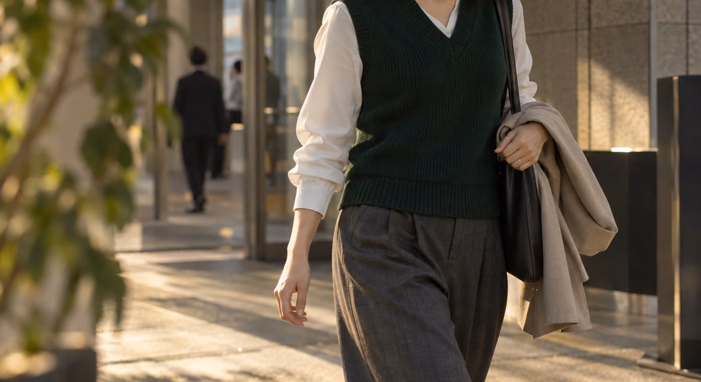 白い長袖ブラウスの上に、深い緑の袖なしニットを重ねた女性の上半身。肩先で二つの色の境目がまっすぐ見えている