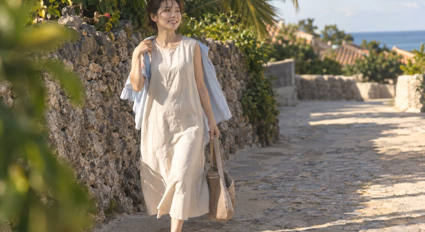 南の島のさんご石の石垣の道で、生成りのノースリーブのロングワンピースを着た女性が、水色の薄手のシャツを肩に掛け、編みのバッグを手に歩いている