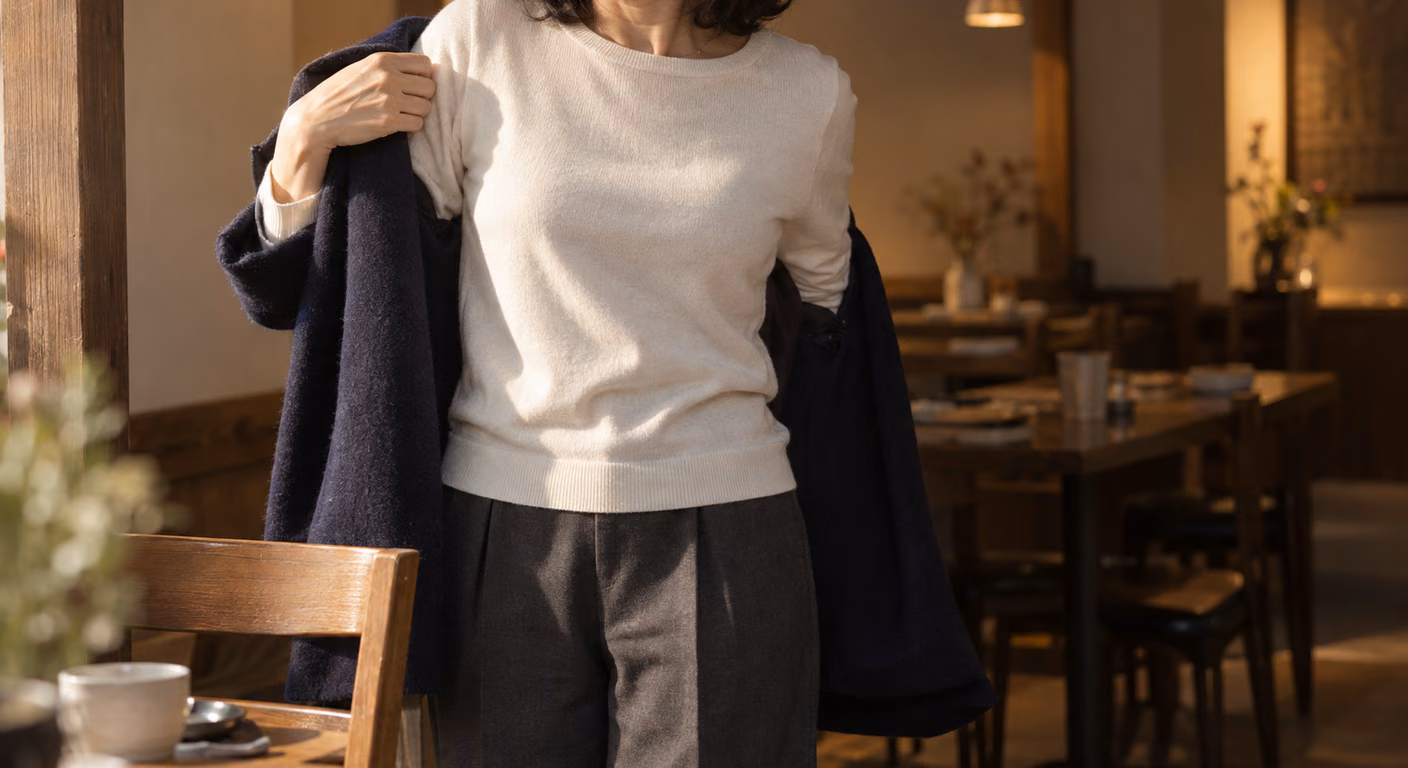 レストランの椅子の横で、紺の柔らかいウールのジャケットを肩から外しかけている女性の首から膝まで。中は細い編みのアイボリーのニット