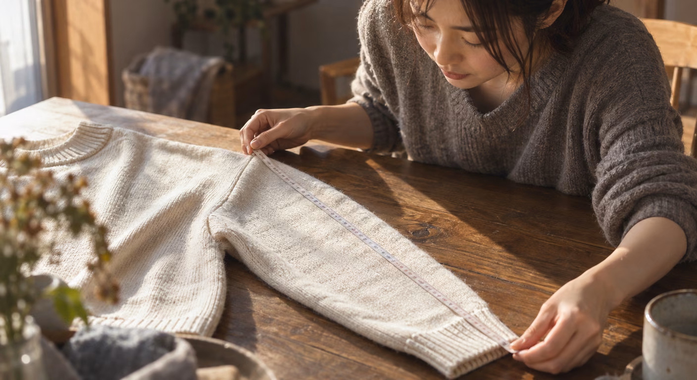 木の机に広げた肩の落ちた生成りのニットの袖に、肩の縫い目から袖口まで巻き尺を当てて長さを測っている女性の手元