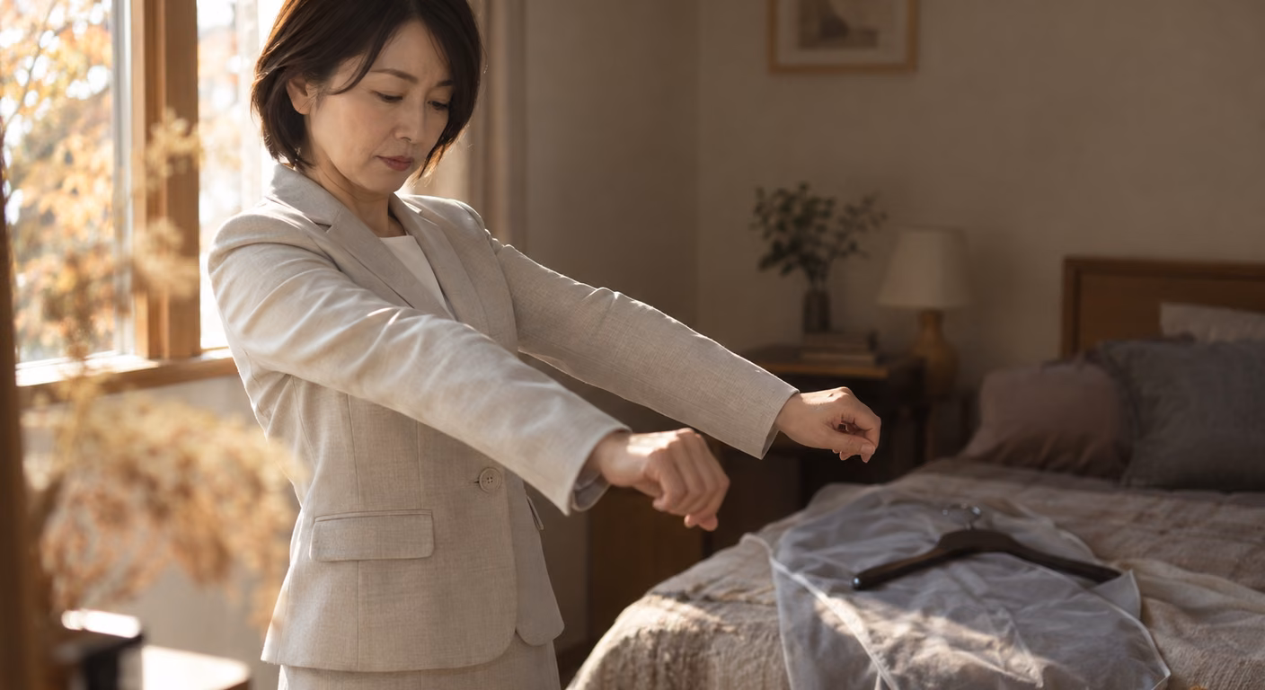 秋の午後の寝室で、クローゼットから出したベージュのセレモニースーツのジャケットを着て、腕を前に伸ばして背中と袖口を確かめる女性