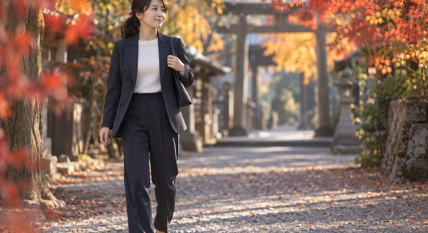 濃紺のパンツセットアップを着た女性が、紅葉の残る神社の砂利の参道を歩いている秋の午後