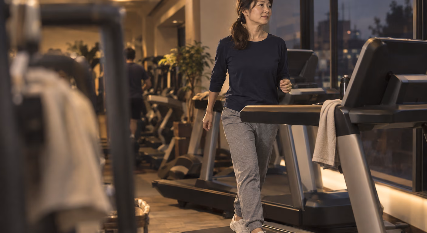 夜のスポーツジムでランニングマシンを歩く女性。紺の長袖Tシャツに、足首で裾が絞れた灰色のスウェットパンツと白い室内用の靴、手すりにはタオルが掛かっている