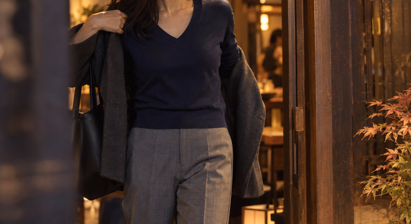 首元が深めのVになった紺のなめらかなニットに、灰色のセンタープレスのパンツを合わせ、濃い灰色のジャケットを肩から脱ぎかけて黒いバッグを肩にかけ、秋の夜の料理店の入口に立つ女性の首元から膝までの着姿