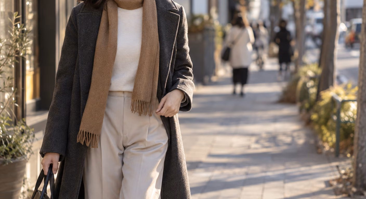 首に1周だけ掛けたキャメルの薄手マフラーの両端を、みぞおちより下まで縦に垂らした秋の街の装い