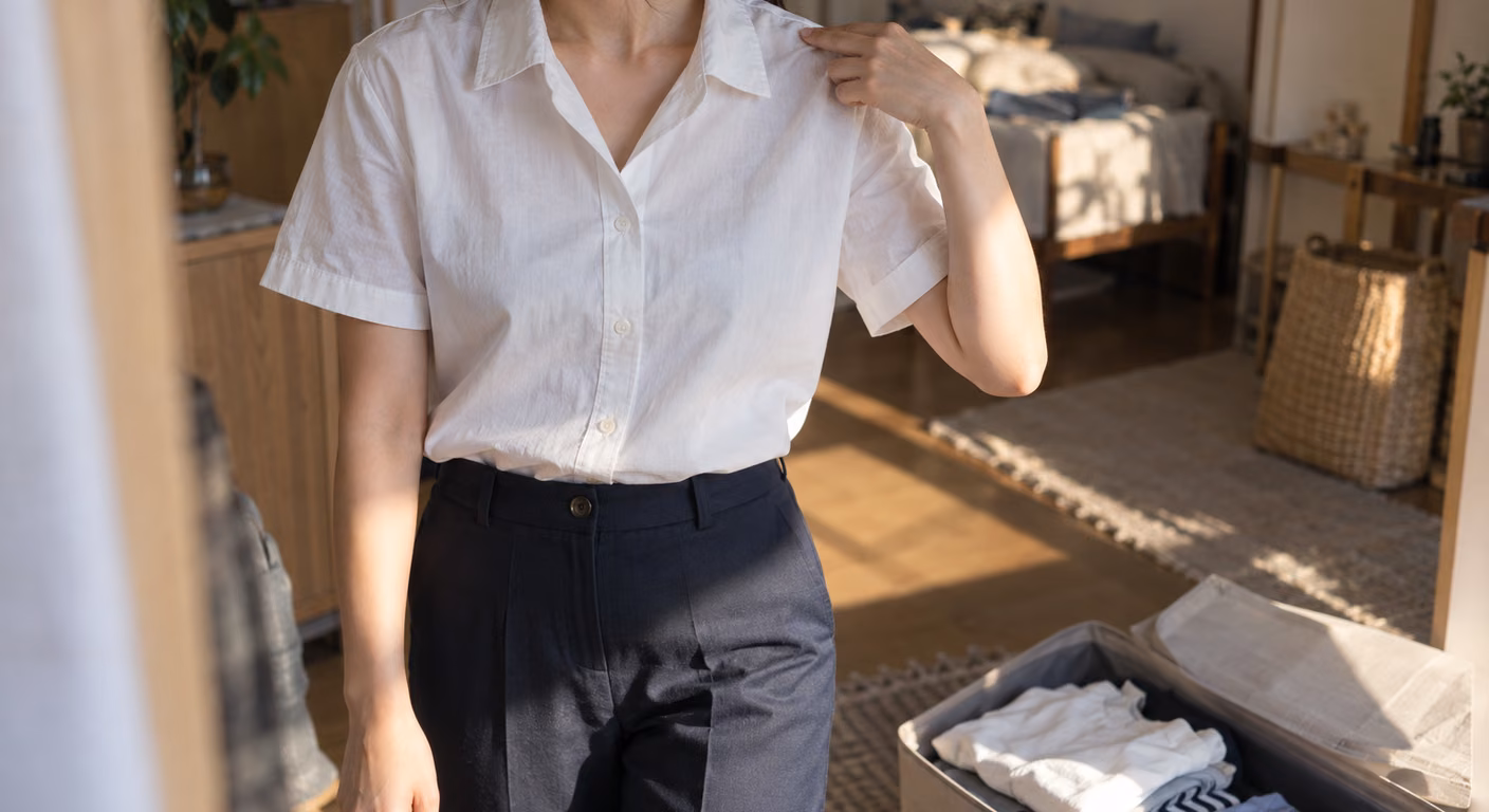 秋の午後の部屋で、白い半袖の綿シャツを紺のまっすぐなパンツに入れて試着し、肩の骨と縫い目の位置を指で確かめている女性の首から膝まで。足元には夏服をたたんだ収納ケース