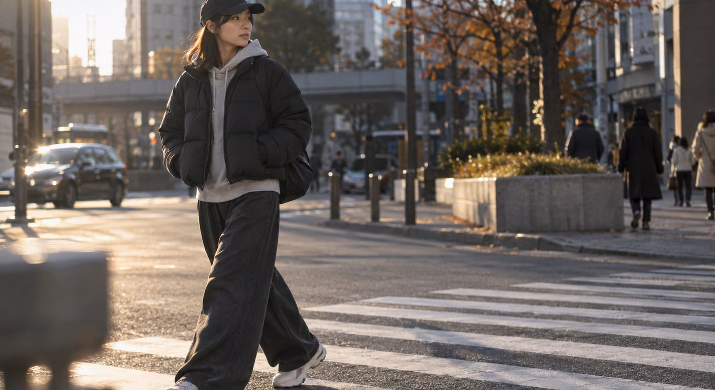 腰より上で終わる黒の短い中綿ジャケットに、床すれすれの太いチャコールのパンツと厚底のスニーカーを合わせて横断歩道を歩く女性