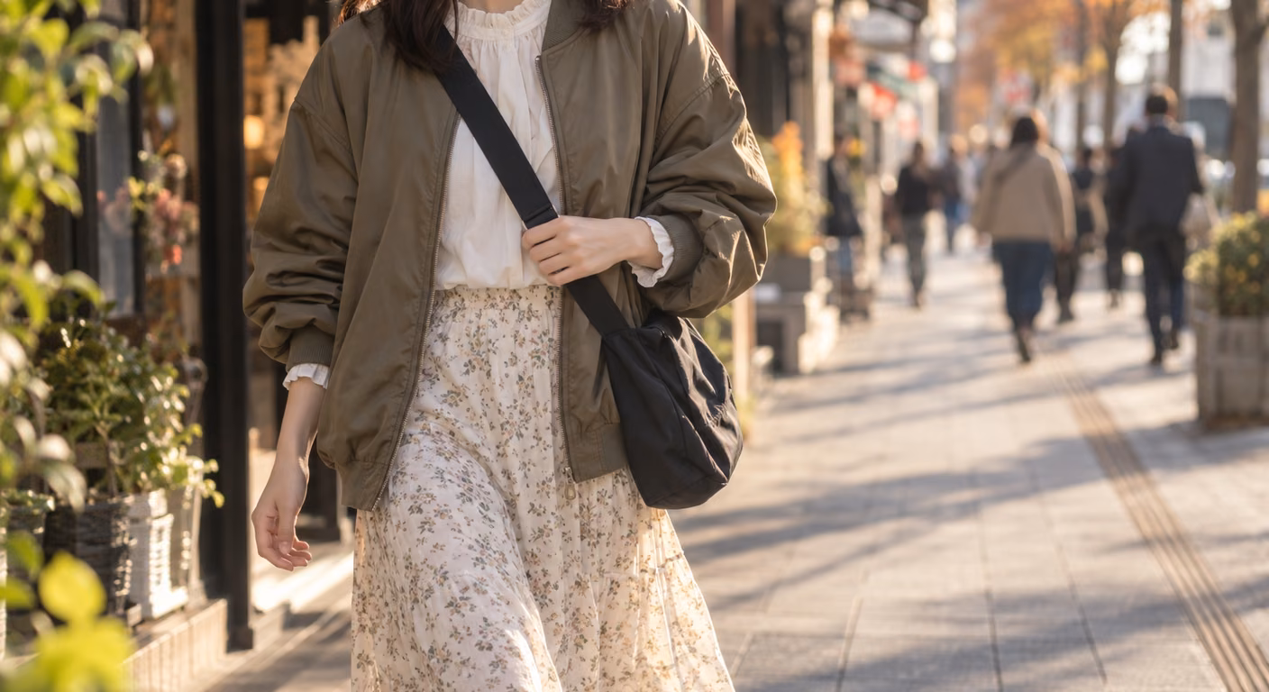 ストリート系ファッション女子｜甘い服が多い人は、足元と羽織りの2か所で寄せる