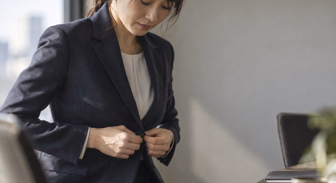 紺のテーラードジャケットのひとつボタンを、椅子から立ち上がりながら指先で留めている女性の手元