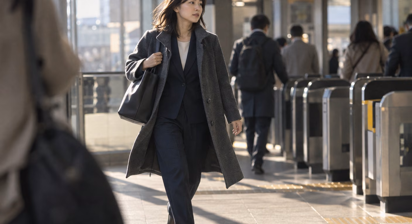 駅の改札の横を歩く女性。濃紺のパンツスーツの上に、裾がジャケットより長く膝まで届くチャコールグレーのウールのコートを前を開けて着ている