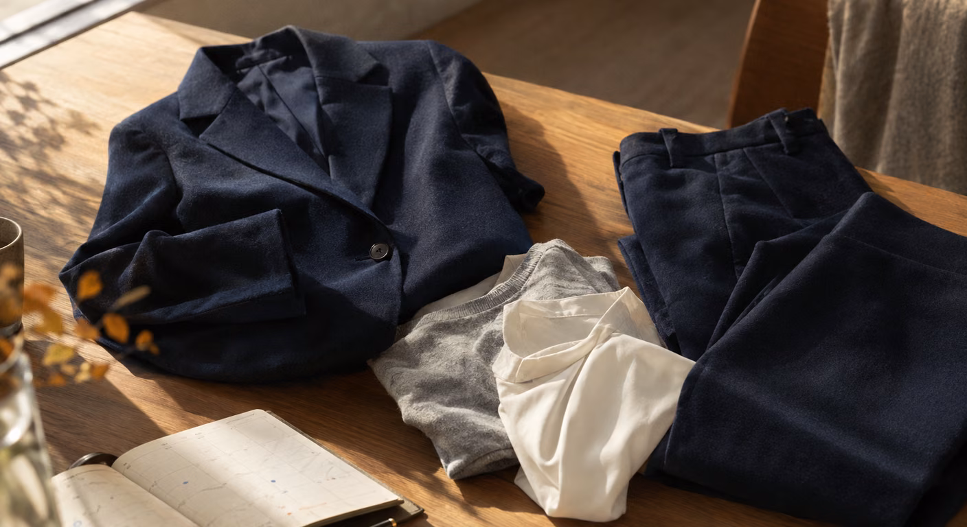 午後の光が差す木の机に、襟のある紺の1つボタンのジャケットと同じ生地の紺のパンツが置かれ、そのあいだにグレーの薄いニットと生成りのブラウスが重なっている。手前に開いた手帳